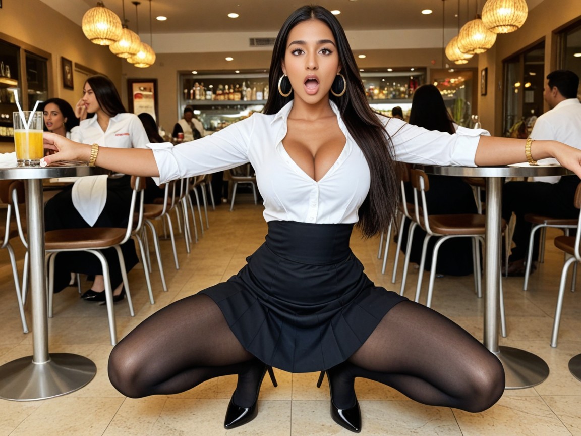 Woman Eyes Open Wide In Shock, Black Skirt, Front View Porno IA Indien