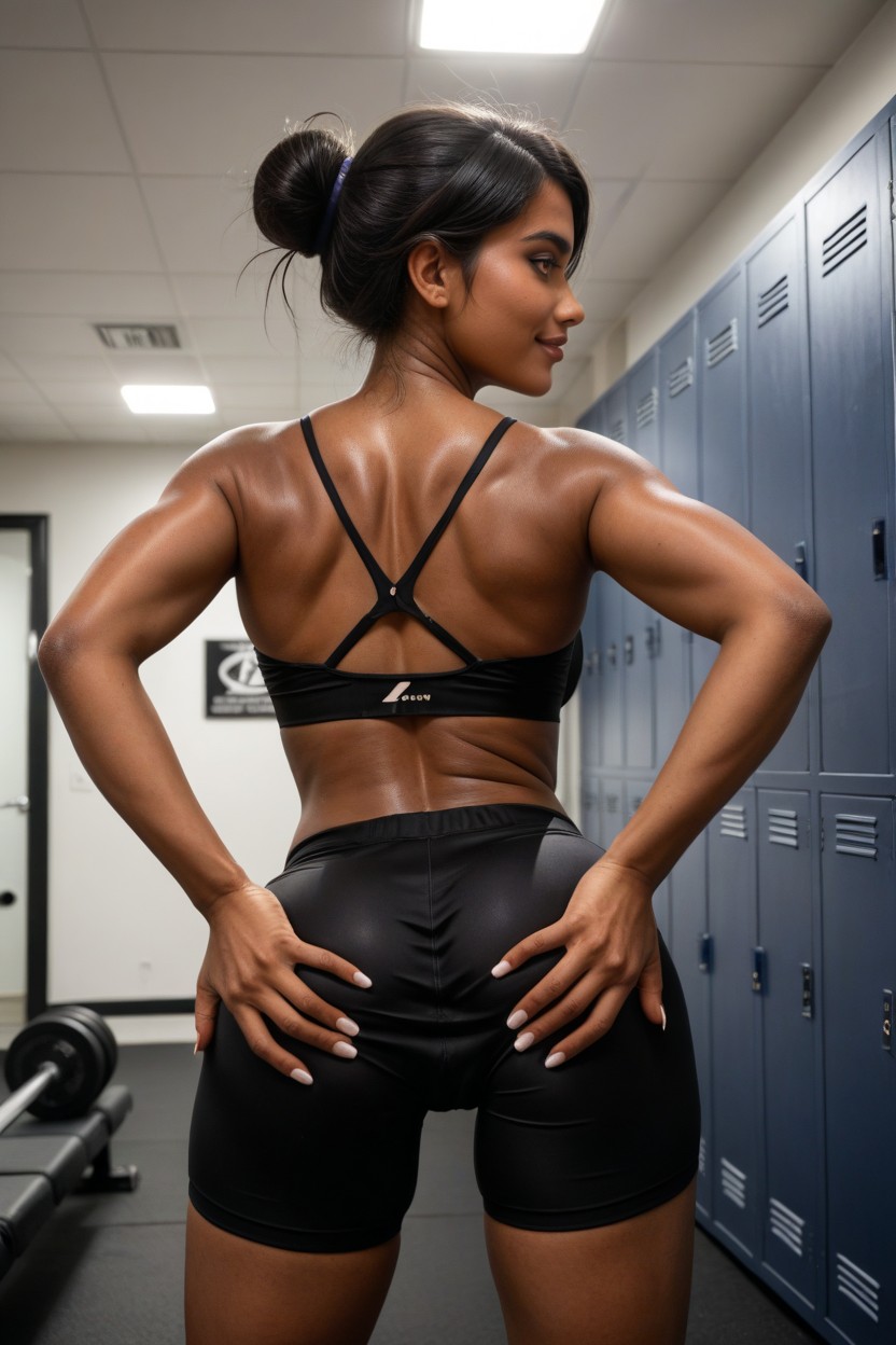 A Stunning Woman Stands Confidently, Long Straight Black Hair, Black Gym Outfit Porno indio IA