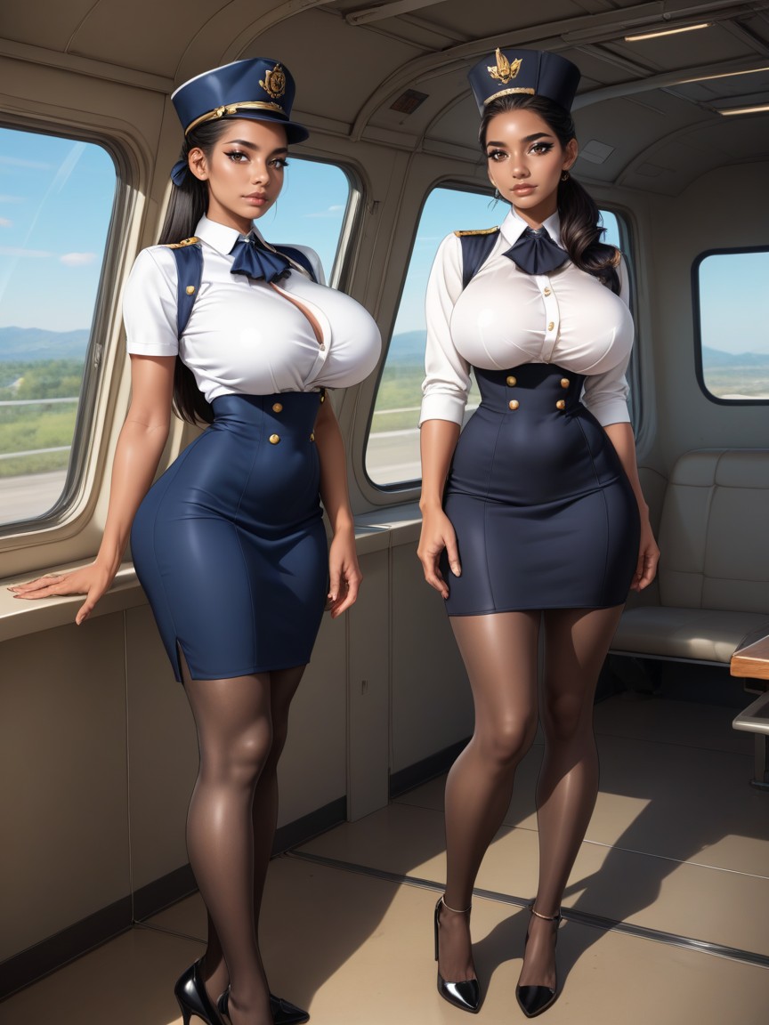 Huge Brown Eyes, Wearing Black Air Hostess Uniform, High Ponytail Indian AI Porn