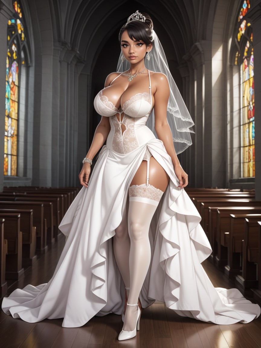 Front Side View, Garter Belt, White Lace Top Stockings Indian AI Porn