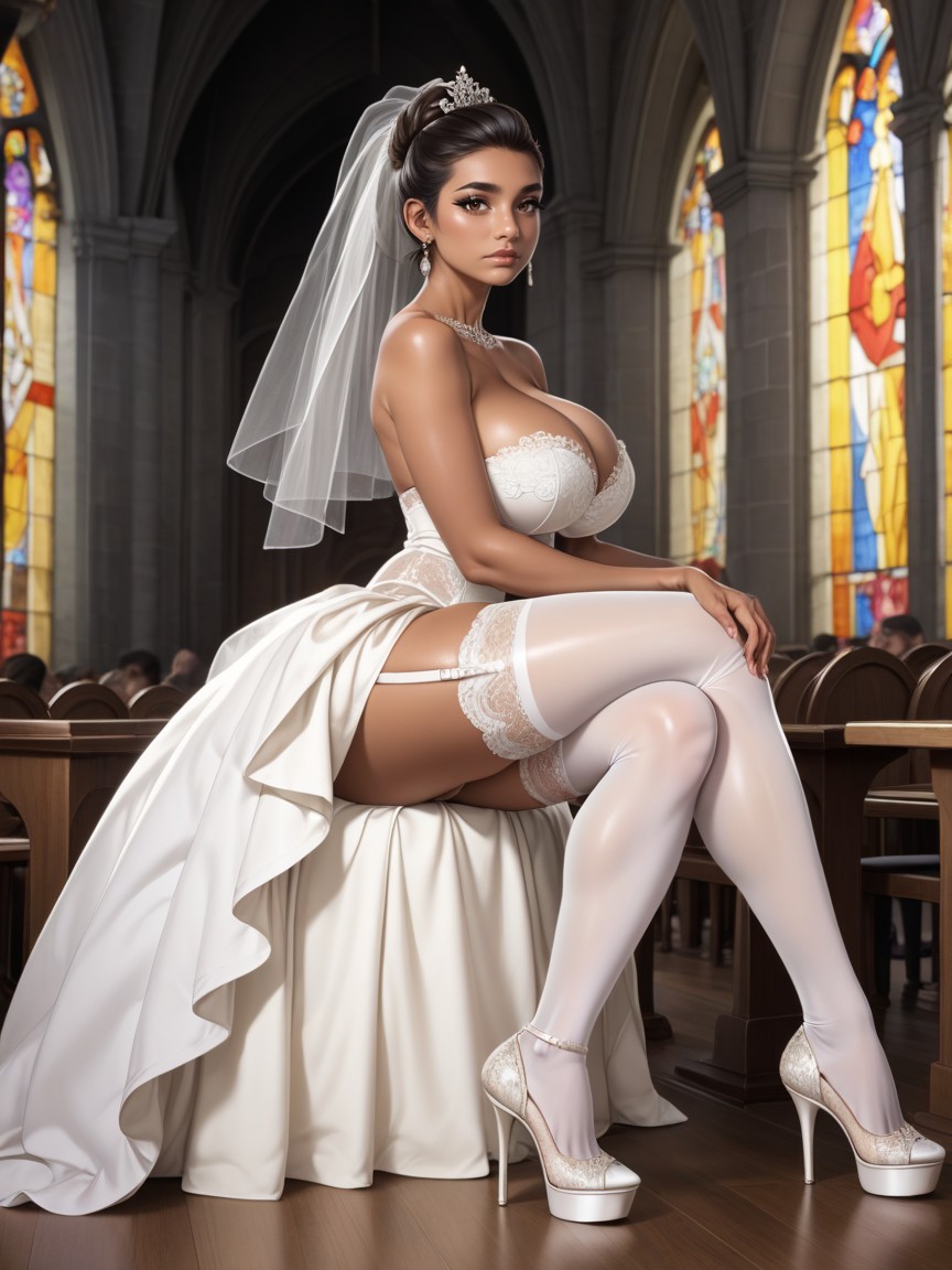 White Lace Top Stockings, Full Body View, Black Eyeliner Indian AI Porn