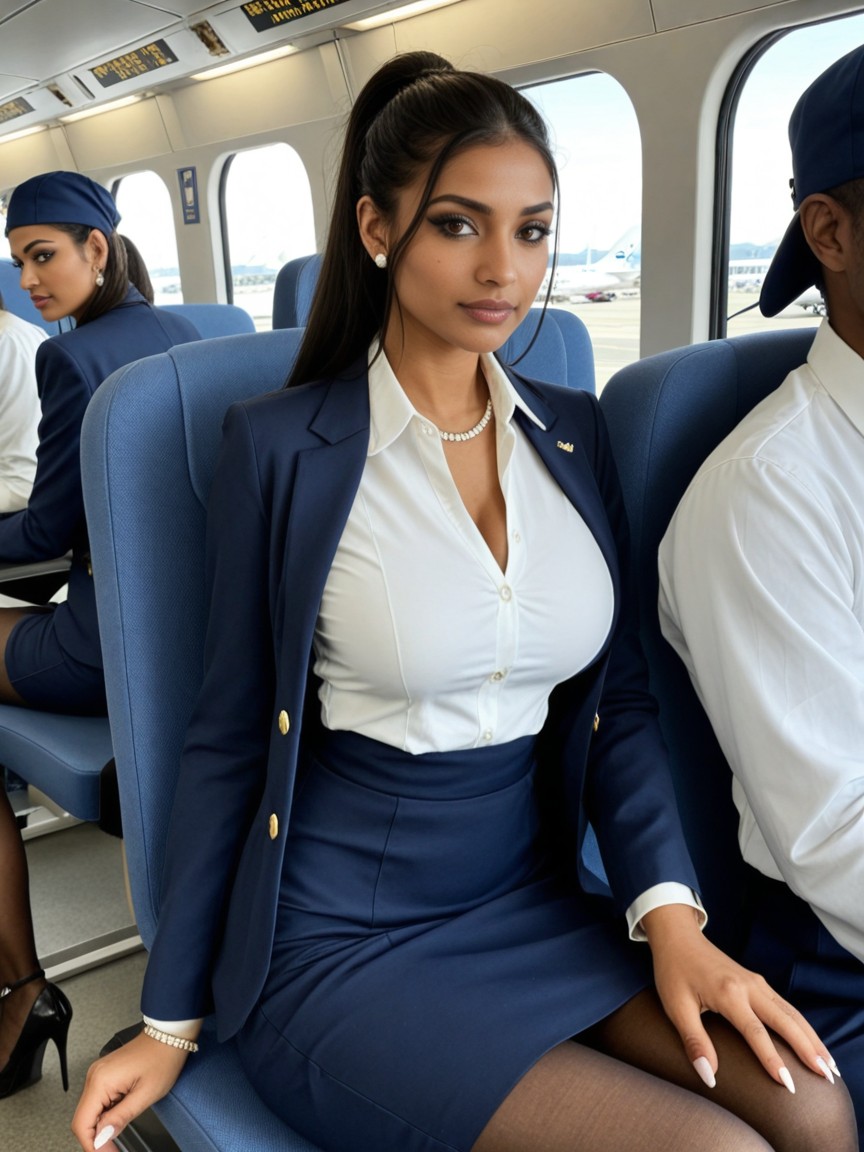 Realistic Skin Texture, Round Face, Flight Attendant Hat Porno indio IA