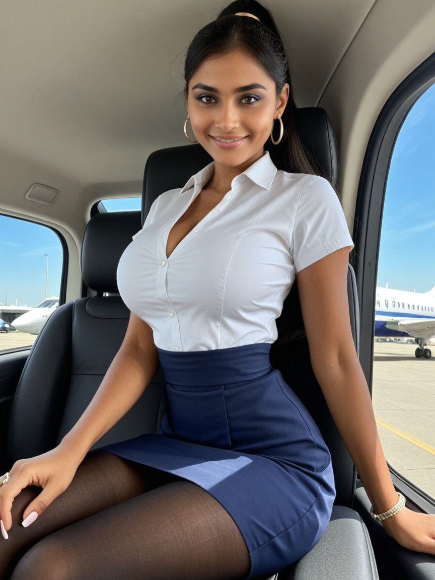Dark Blue Flight Attendant Uniform, 25+, Standing In A Busy Airport Terminal Porno indio IA