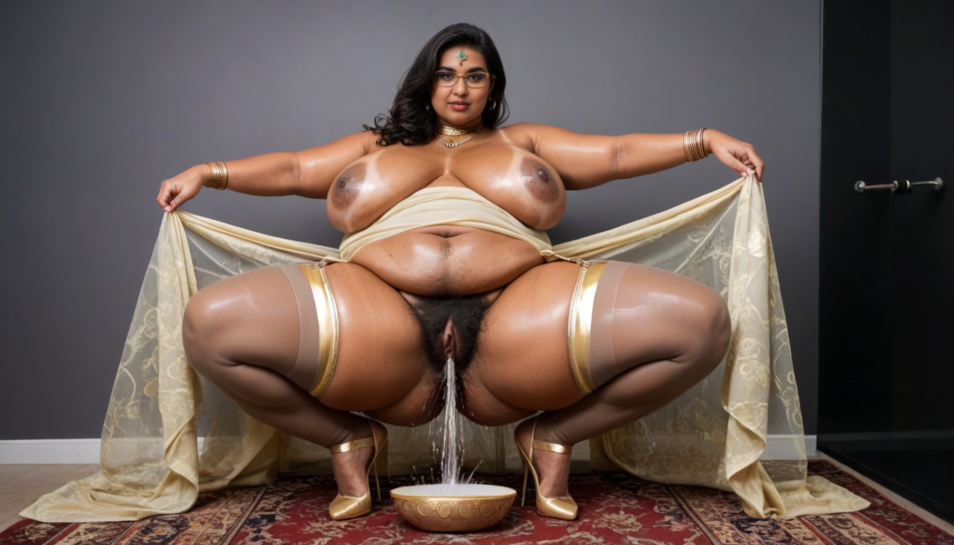 Gold Shoes, Indian Makeup And Lipstick, She Is Squirting Into A Bowl Indian AI Porn