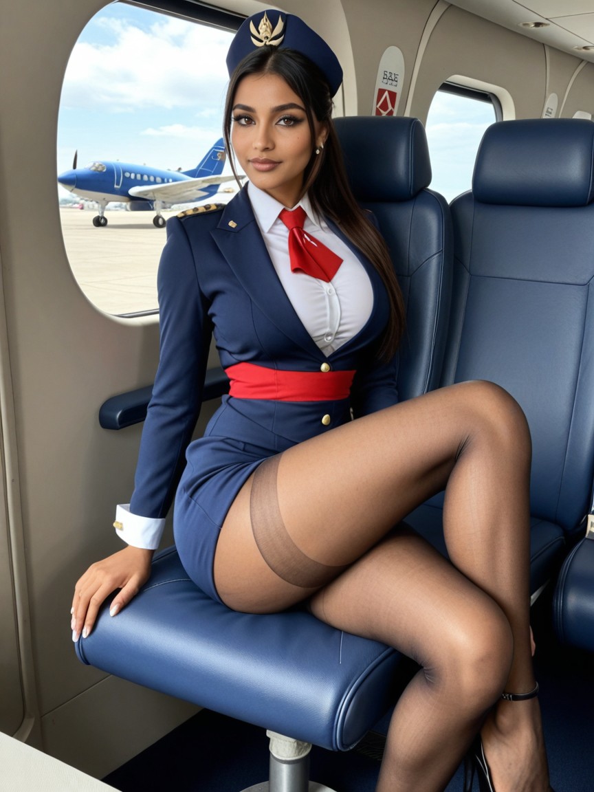 Huge Brown Eyes, Large Ass, Airplane With Blue Leather Seats Indian AI Porn