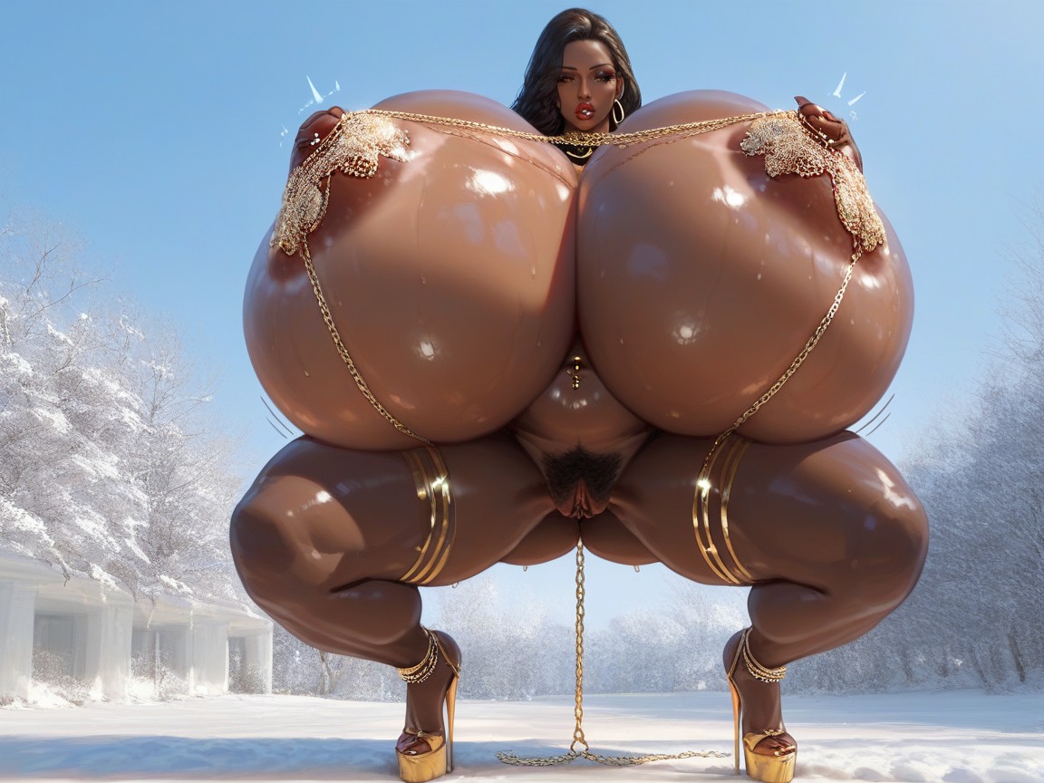 Hyper Massive Giant Breasts, Navel Piercing, A Gold Chain Necklace Sits Low On Her Abdomen Indian AI Porn